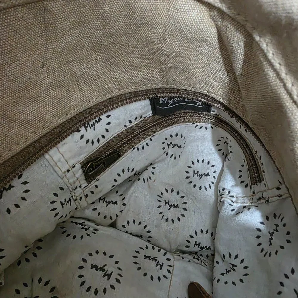 Myra Country Charm Upcycled Canvas & Leather Beige Brown Shoulder Crossbody Bag - Picture 10 of 12